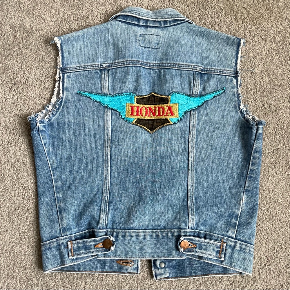 Vintage 1970s Wrangler Blue Denim Vest with Honda Patch